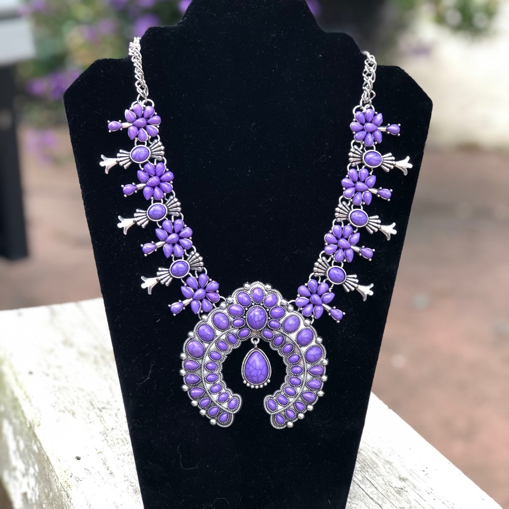 Purple stone squash blossom necklace